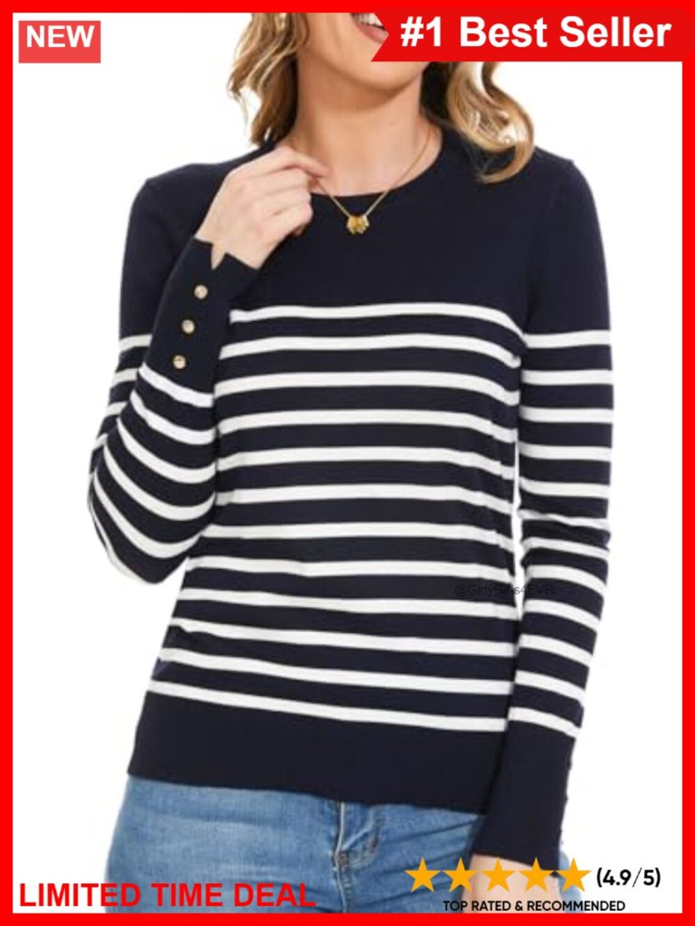 Women's Long Sleeve Crewneck Pullover Sweater Striped Ribbed Trim